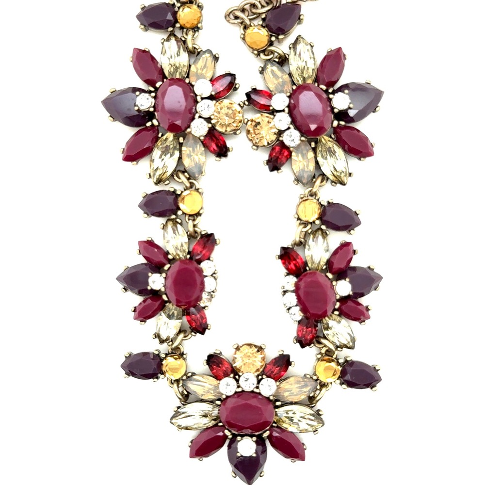 Burgundy Plum Floral Statement Bib Necklace Gold Tone Rhinestone Crystal 18-20"